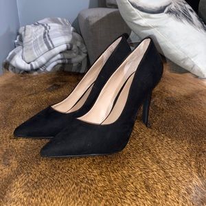 Call it Spring black suede pointed toe heels